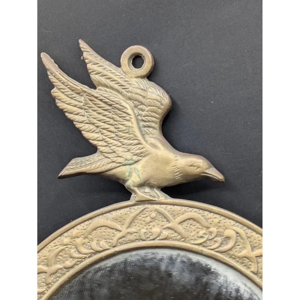 Vintage Brass Round Crow Raven Bird Framed Mirror Wall Mount Tarnished 12